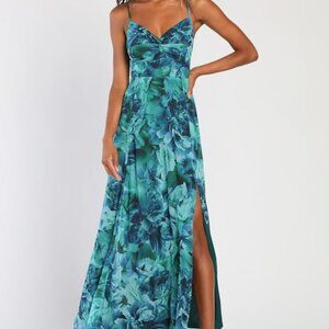 Lulus Beautiful Soul Teal Green Floral Print Twist-front Maxi Dress - Size M